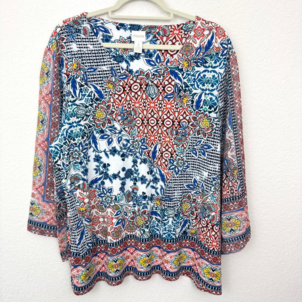 Chico's Womens Blouse Top Size XL Stretch Jersey Sheer Sleeve Floral White
